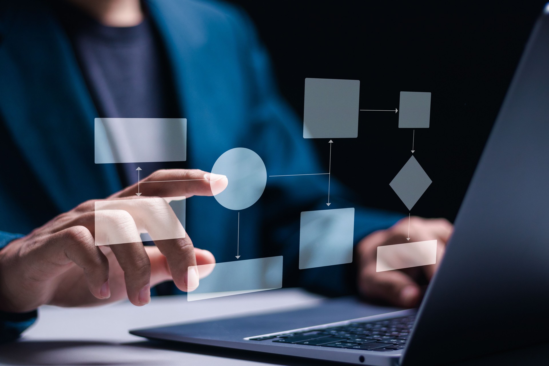 Businessman use laptop with virtual flowchart for business process and workflow with flowchart and processing management concept.