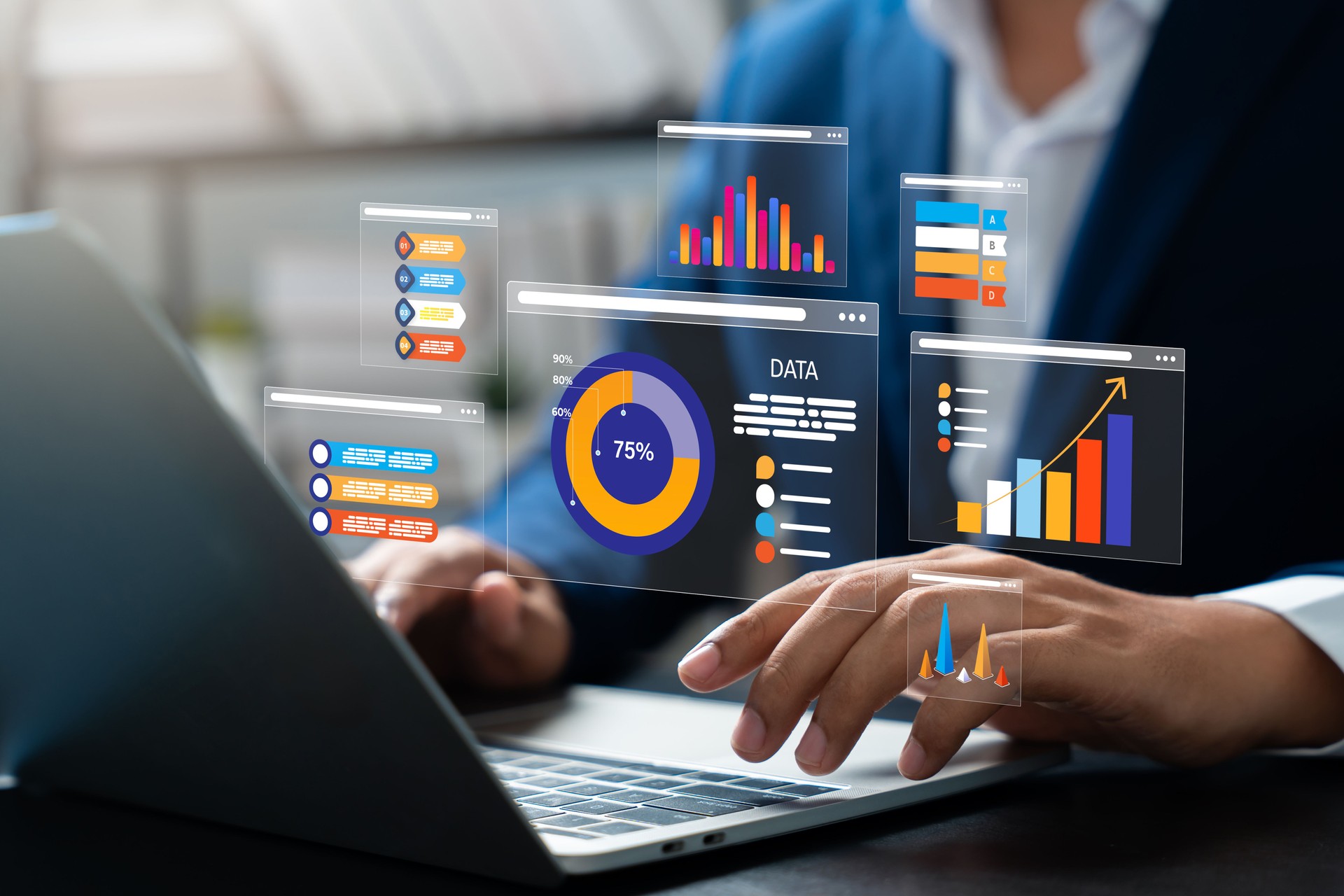 Data science and business intelligence, Business data analytics, Analyst using big data dashboard for performance evaluation, KPI metrics, Strategic decision making with AI and technology.