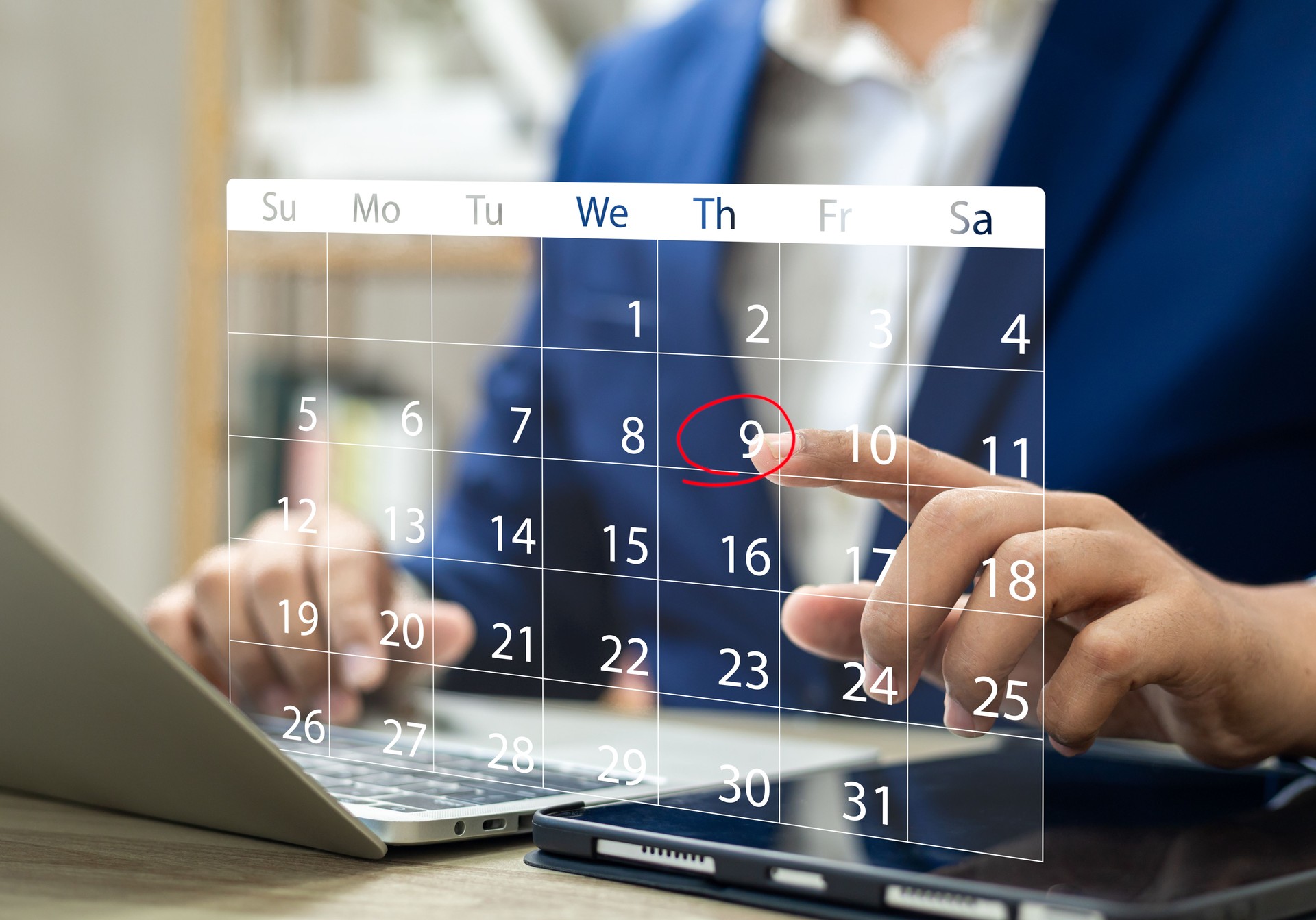 Time management concept, Businessman using digital calendar on virtual screen to schedule highlight appointments and plan and organize tasks, Meetings, and reminders for effective time management.