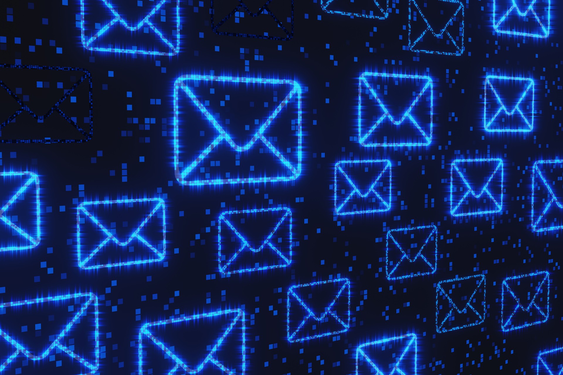 Blue neon glowing pixelated envelopes randomly scattered in a black background. Illustration of the concept of junk emails, spam messages and electronic communication