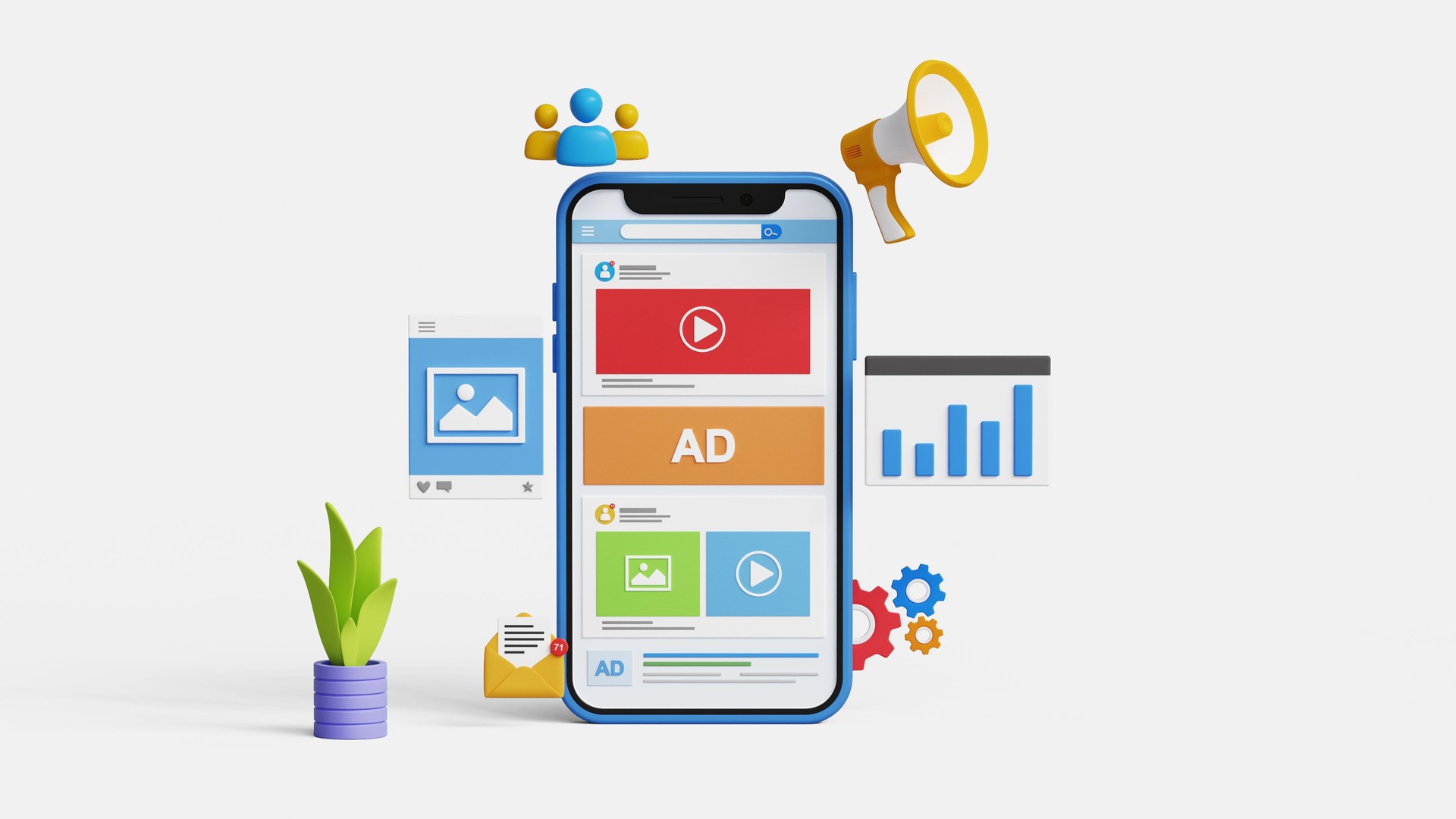 Social media marketing, promote brand, SEO, digital advertising, content marketing or online campaign concept. 3D social media page on mobile with marketing icons