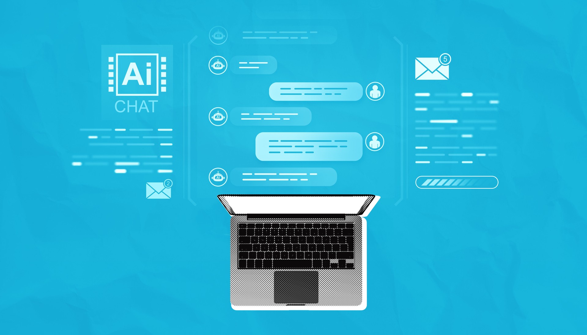 Chatbot conversation interface on laptop with AI chat icons on blue background.