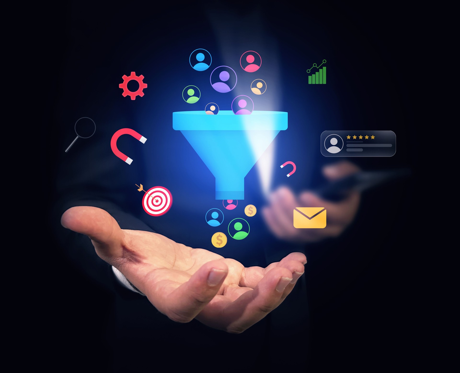 Lead generation business concept with glowing shapes hovering over the hand, sales, conversion, money, goals and business strategy