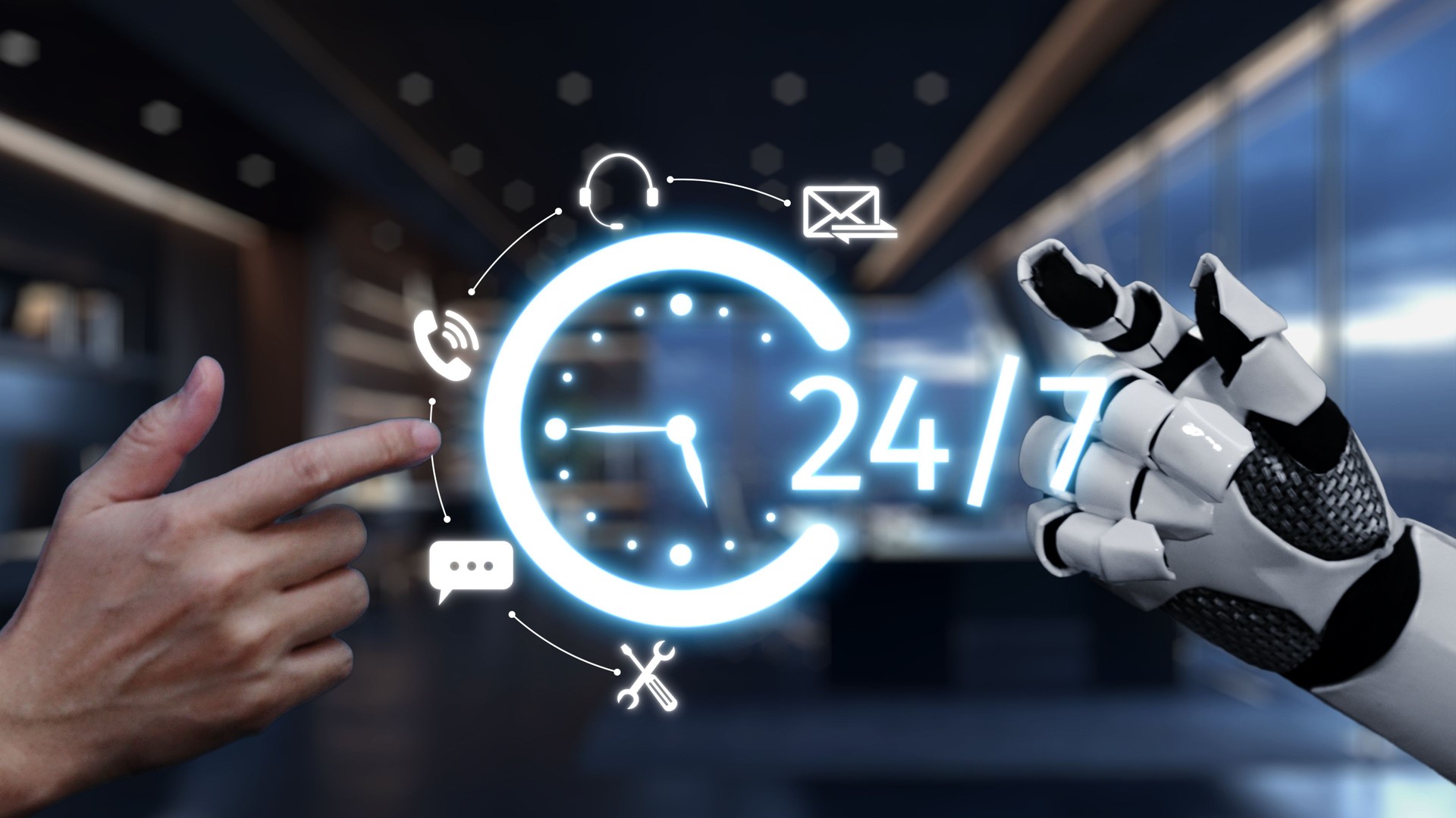 Hands of human and robot interacting with glowing clock symbolizing 24-hour service and support in a modern digital environment. Auvana